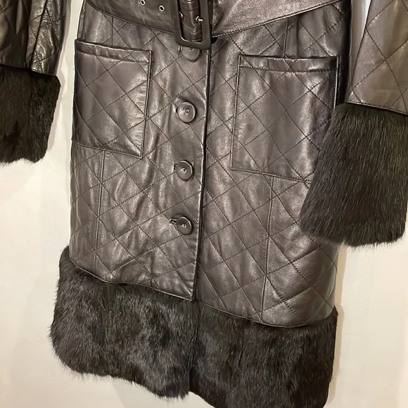 BEBE 100% Leather & Rabbit Fur Fully Lined Midi Coat